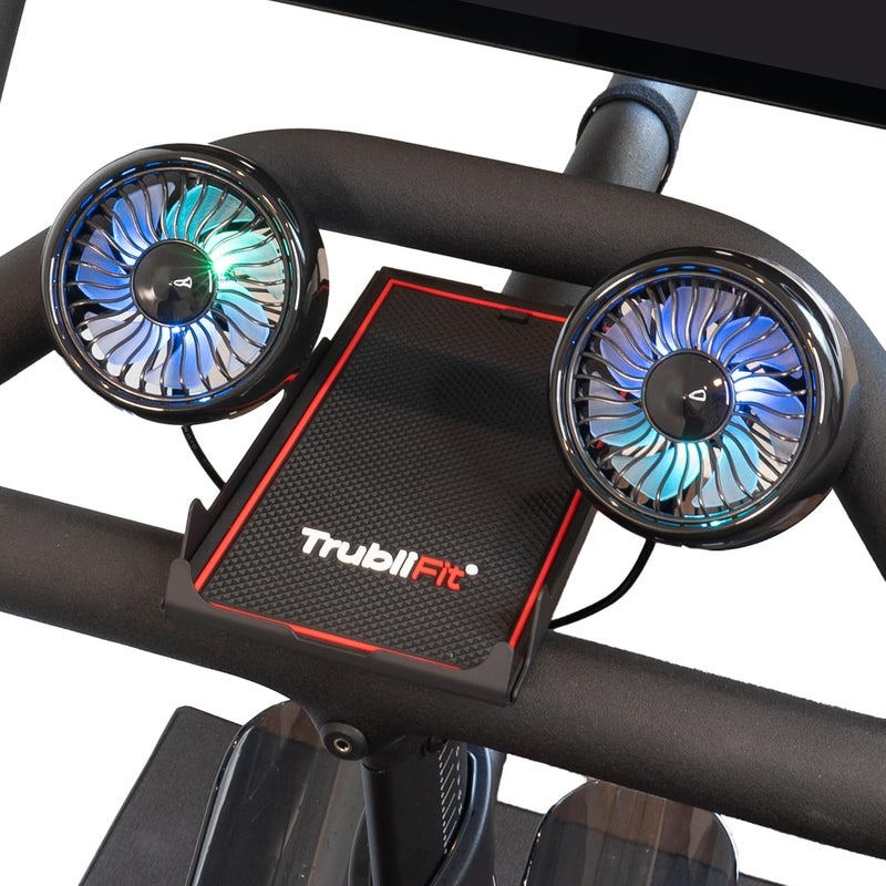TrubliFit مراوح دراجات مزدوجة مع صينية هاتف لدراجة بيلوتون - حامل هاتف معدني بالكامل - لا حاجة للبطاريات - ملحقات لدراجة بيلوتون - متوافقة مع دراجة التدريب المتقاطع - Image 1